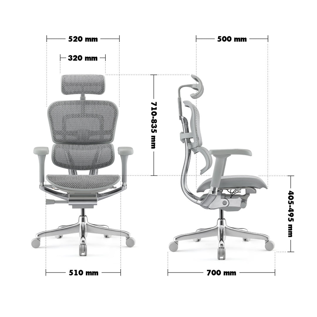 Modern Mesh Ergonomic Office Chair Grey Frame ERGOHUMAN E2 Size Chart
