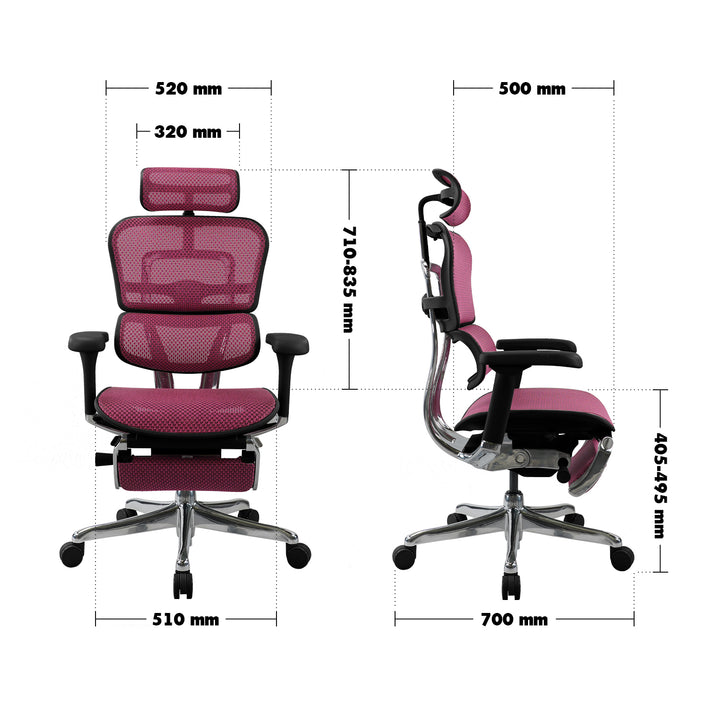 Modern Mesh Ergonomic Office Chair Black Frame With Legrest ERGOHUMAN E2 Size Chart