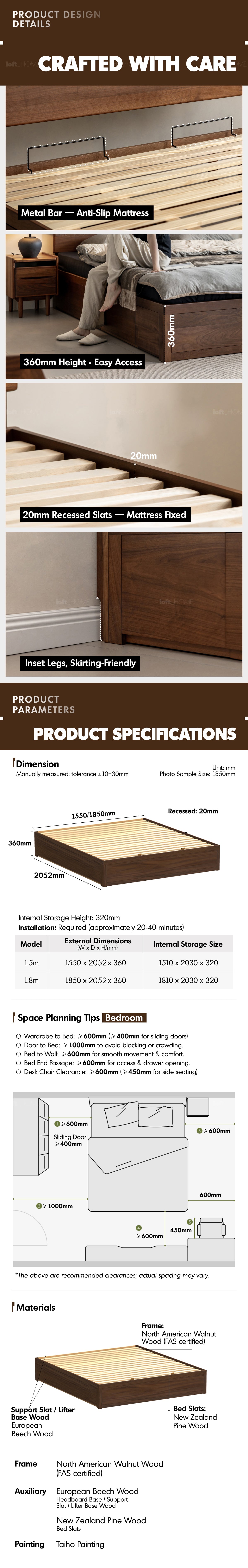 Japandi Walnut Wood Lift-Up Storage Platform Bed With Drawer KANGAROO Good to Know - 6