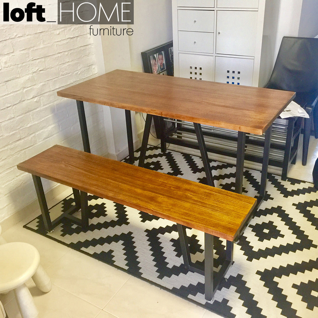 Industrial pine wood dining table slim with context.
