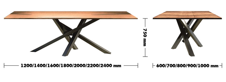 Industrial Pine Wood Dining Table TWIST Size Chart