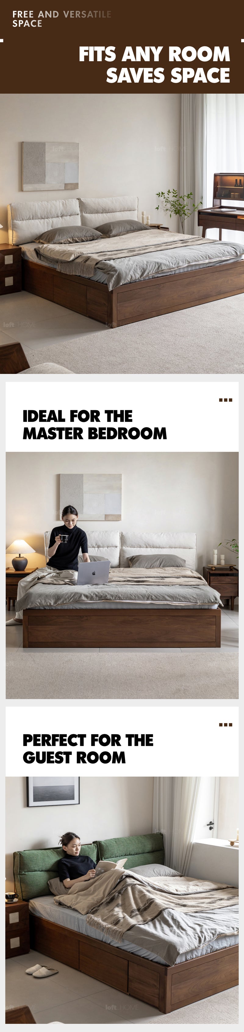 Japandi Walnut Wood Cushion Lift-Up Storage Bed With Drawer KANGAROO Good to Know - 8