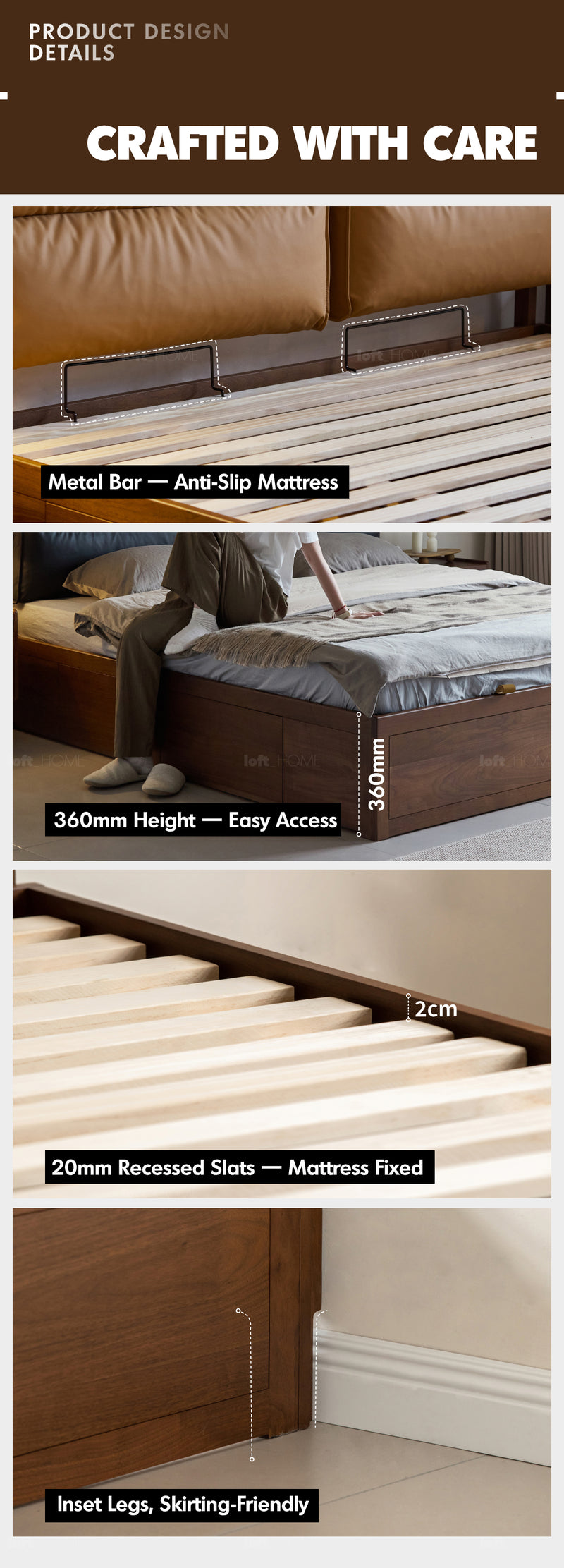 Japandi Walnut Wood Cushion Lift-Up Storage Bed With Drawer KANGAROO Good to Know - 9