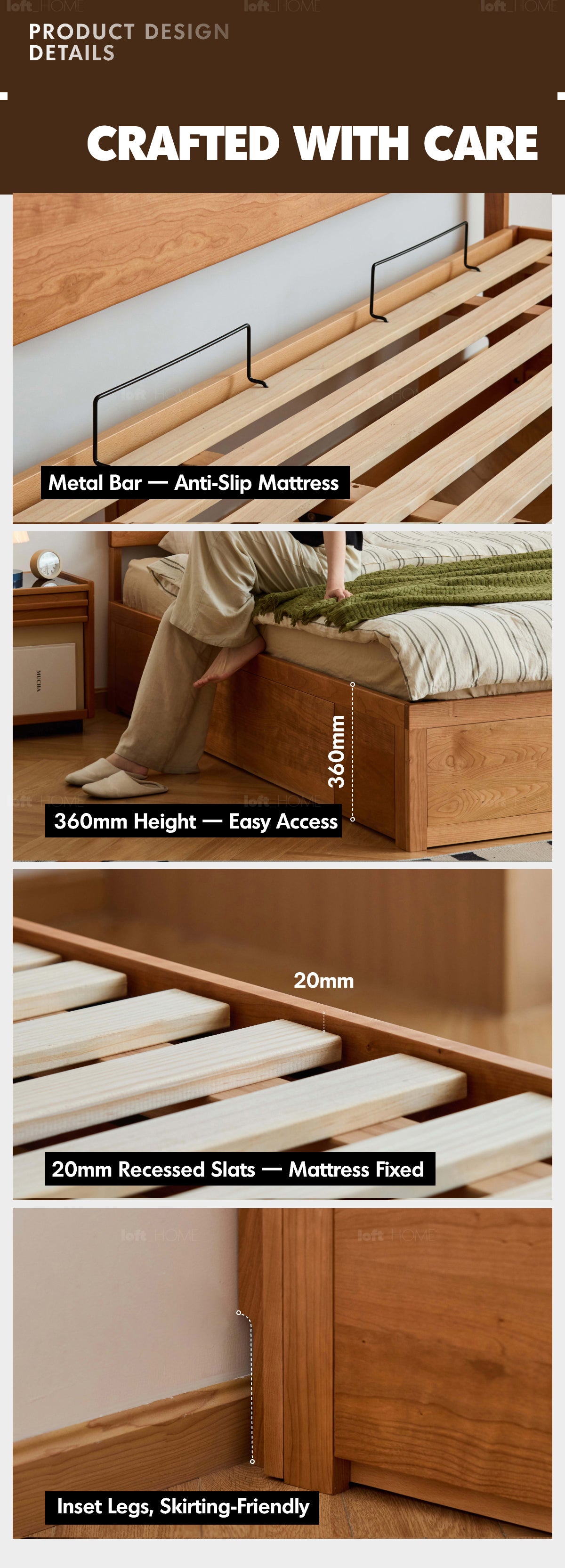 Scandinavian Cherry Wood Cushion Lift-Up Storage Bed With Drawer KANGAROO Good to Know - 9