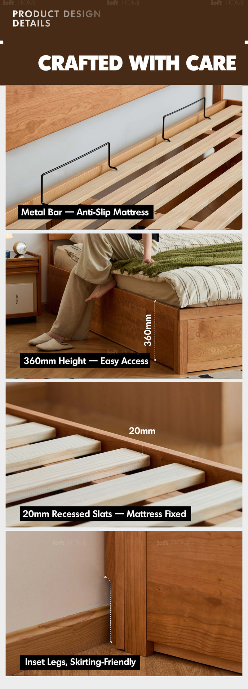 Scandinavian Cherry Wood Cushion Lift-Up Storage Bed With Drawer KANGAROO Good to Know - 9