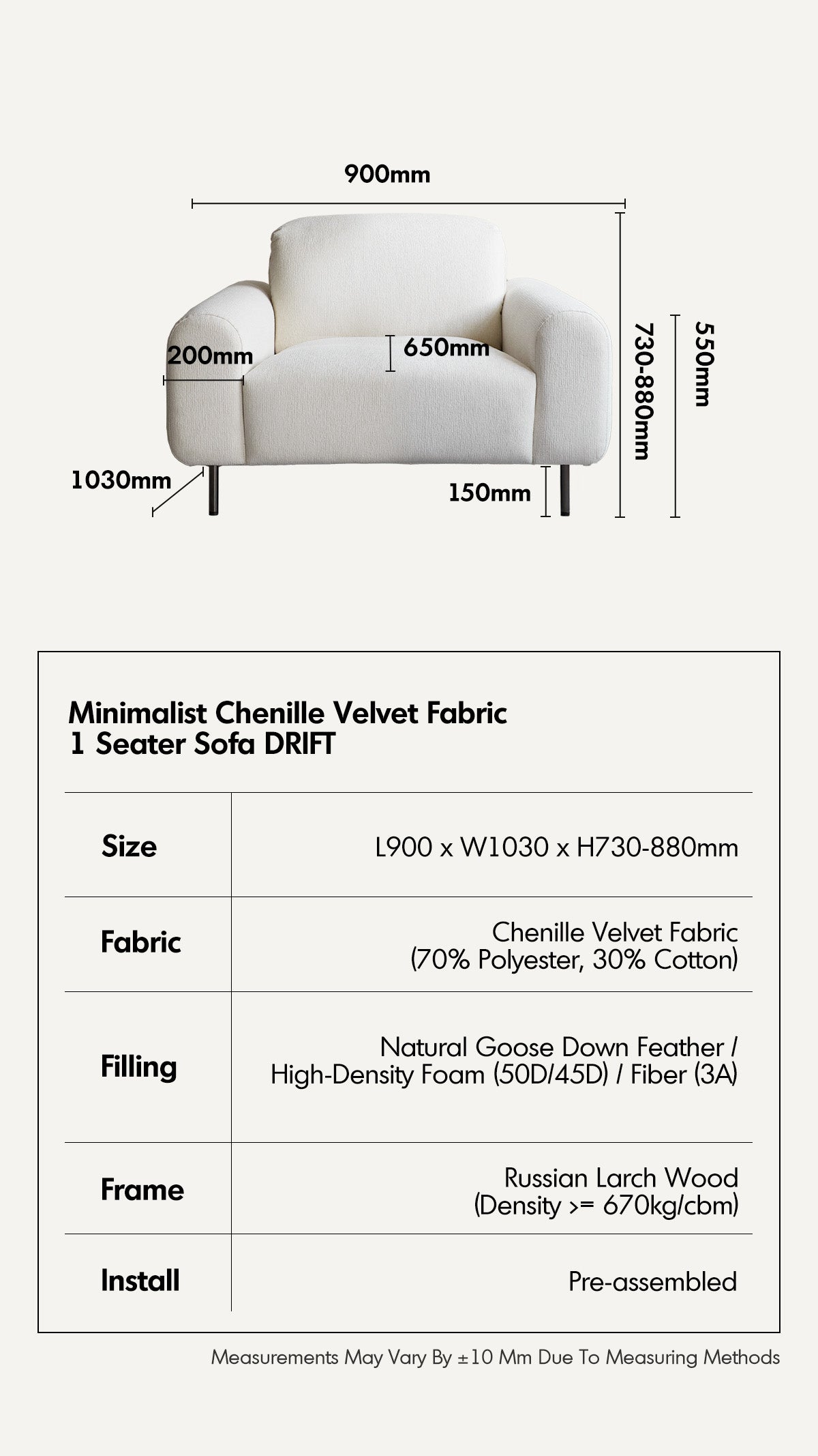 Minimalist Chenille Velvet Fabric 1 Seater Sofa DRIFT Good to Know - 17