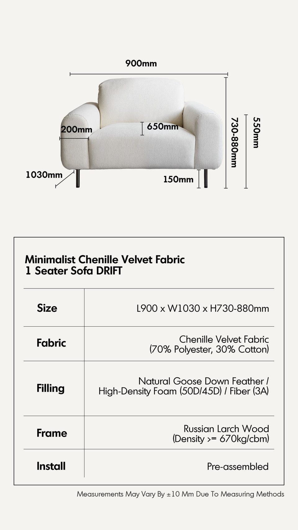 Minimalist Chenille Velvet Fabric 1 Seater Sofa DRIFT More Details and Instruction_17