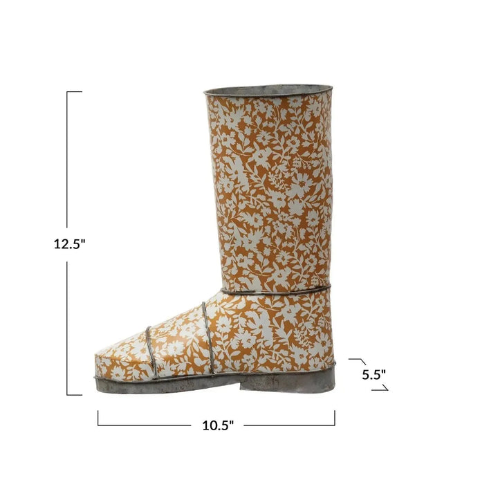 10-1/2"l x 5-1/2"w x 12-1/2"h decorative metal garden boot w/ floral pattern, mu size charts.