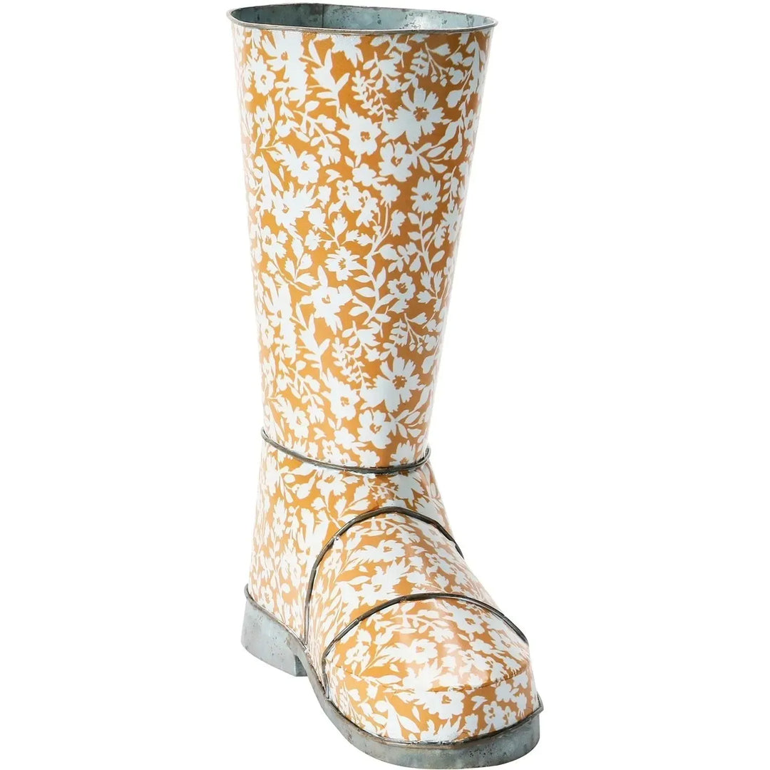 10-1/2"l x 5-1/2"w x 12-1/2"h decorative metal garden boot w/ floral pattern, mu color swatches.