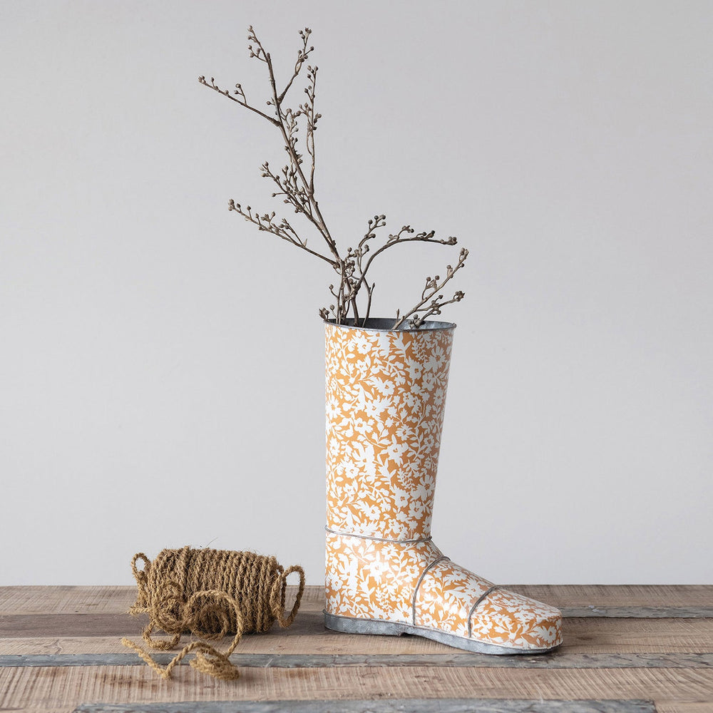 10-1/2"l x 5-1/2"w x 12-1/2"h decorative metal garden boot w/ floral pattern, mu primary product view.