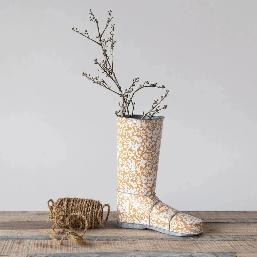 10-1/2"l x 5-1/2"w x 12-1/2"h decorative metal garden boot w/ floral pattern, mu primary product view.