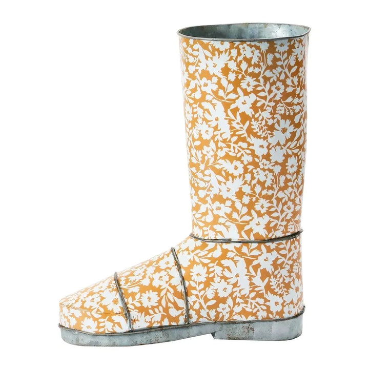 10-1/2"l x 5-1/2"w x 12-1/2"h decorative metal garden boot w/ floral pattern, mu in real life style.