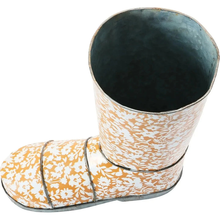 10-1/2"l x 5-1/2"w x 12-1/2"h decorative metal garden boot w/ floral pattern, mu material variants.