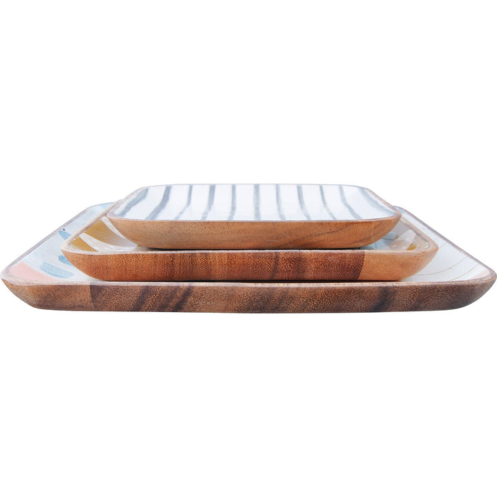10" square, 8" square & 6-1/2" square enameled acacia wood trays, set of 3 decor size charts.