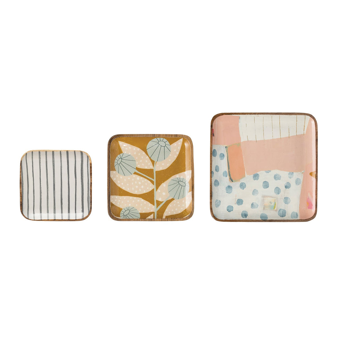 10" square, 8" square & 6-1/2" square enameled acacia wood trays, set of 3 decor in white background.
