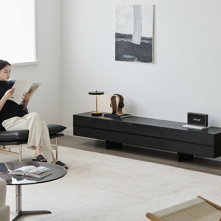 Minimalist ash wood tv console shadow in panoramic view.
