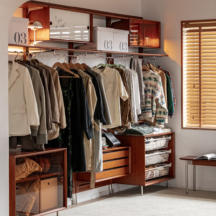 Vintage boxwood modular hanging wall shelf system muse wardrobe in panoramic view.