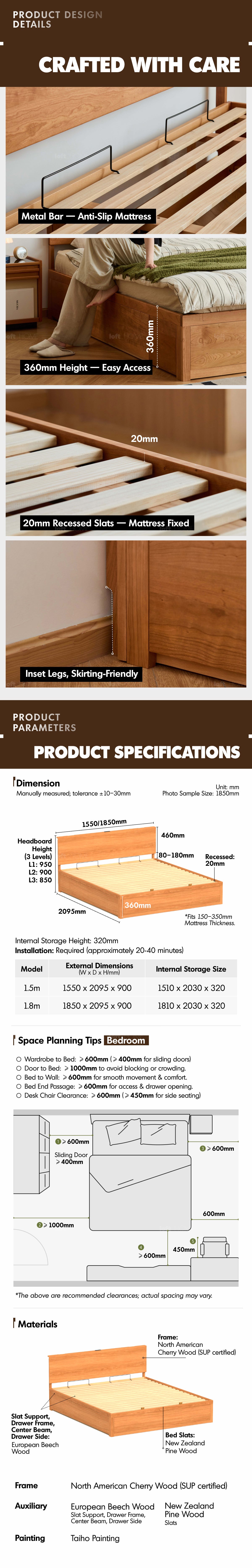 Scandinavian Cherry Wood Lift-Up Storage Bed With Drawer KANGAROO Good to Know - 10