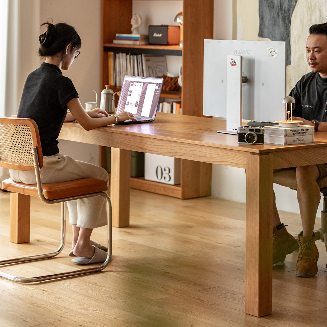 Scandinavian cherry wood dining table shoreline in panoramic view.