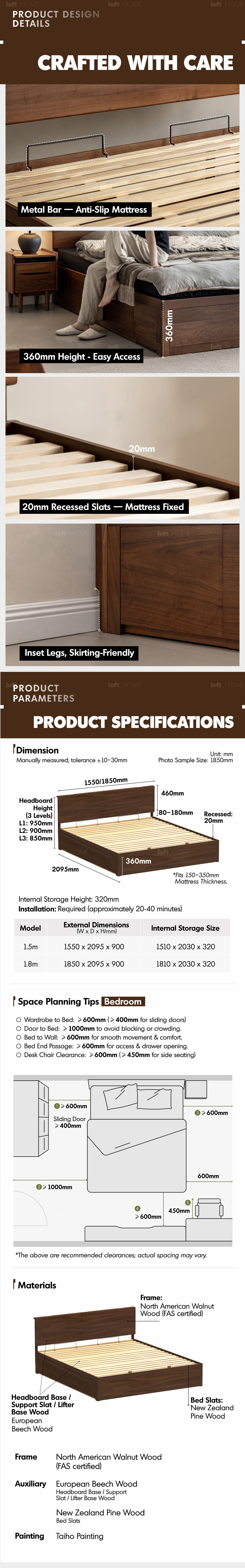 Japandi Walnut Wood Lift-Up Storage Bed With Drawer KANGAROO Good to Know - 10