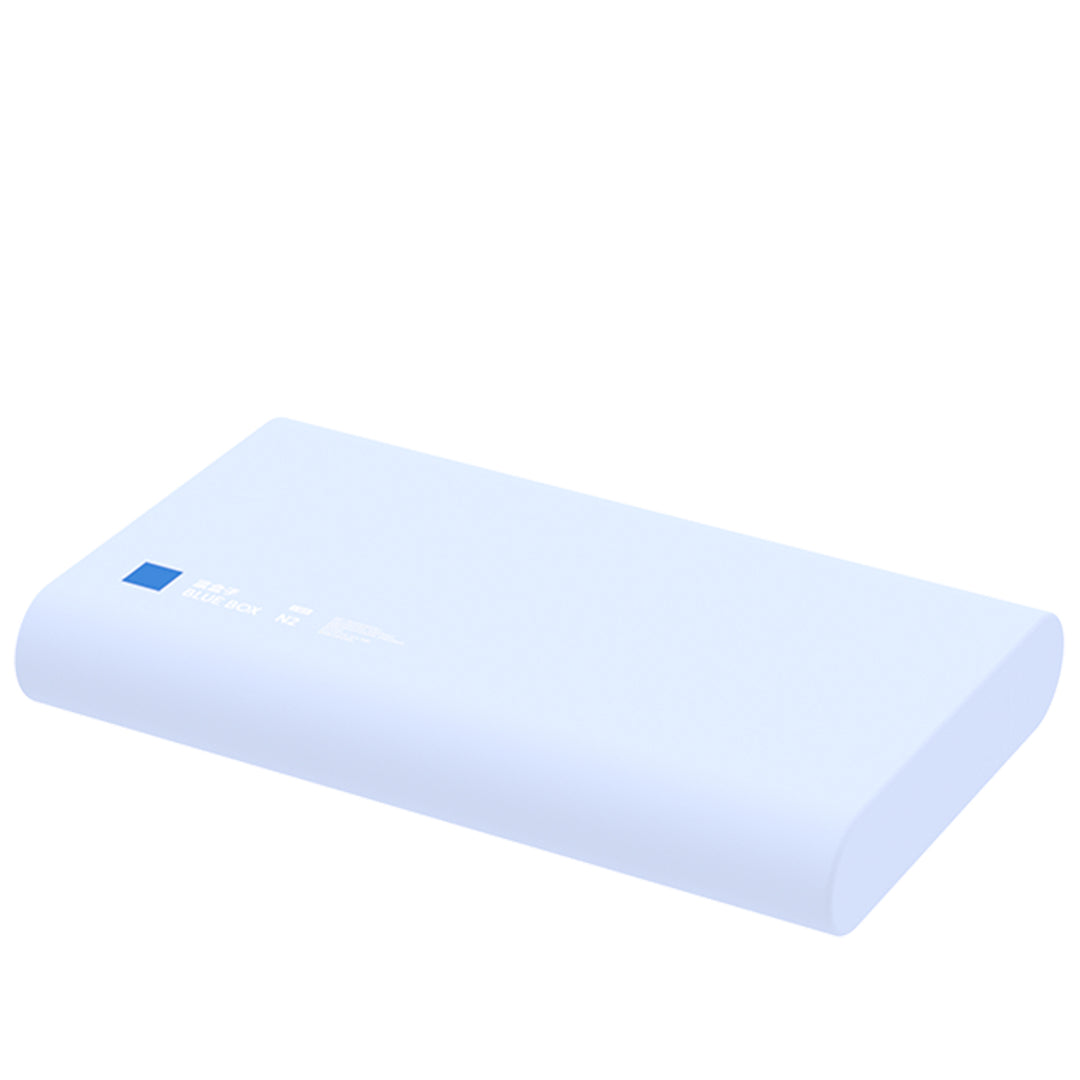 Rectangular white device with blue light on a white background