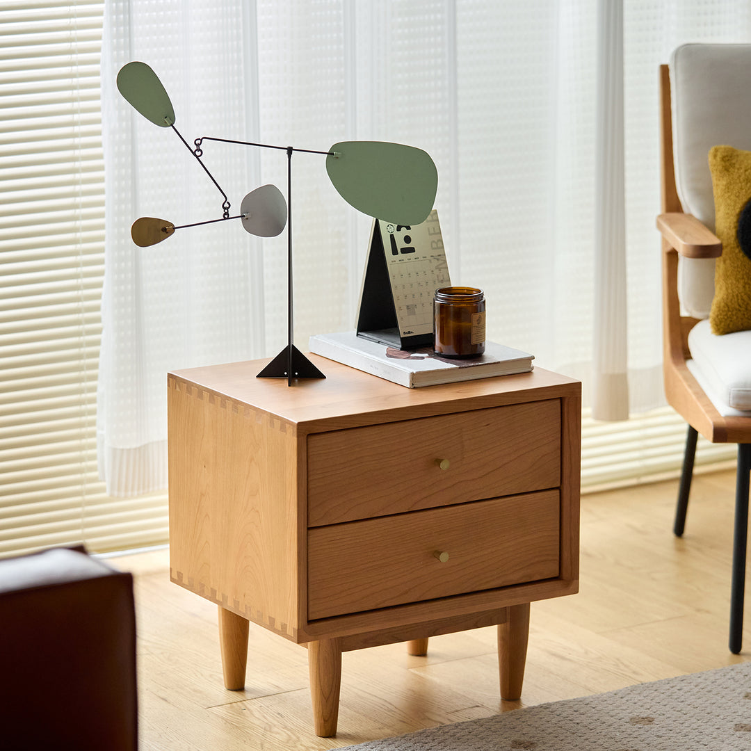 Scandinavian cherry wood side table green in panoramic view.