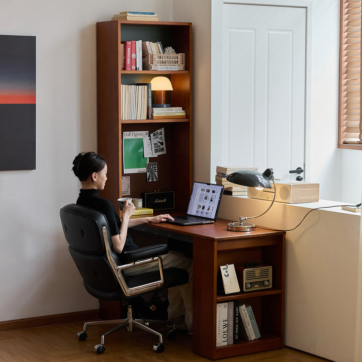 Vintage boxwood extendable study desk boodshelf mies in close up details.