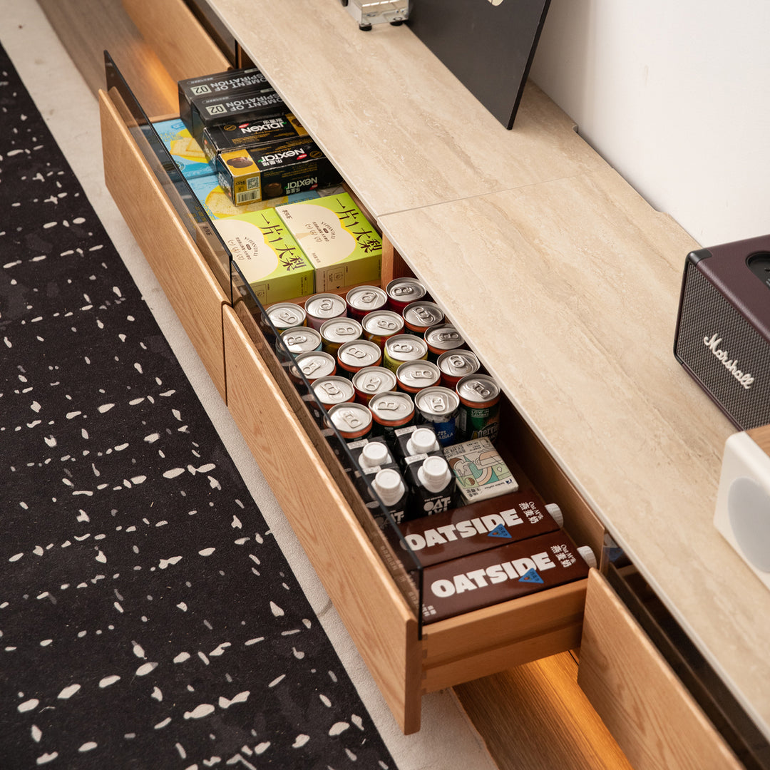 Scandinavian oak wood tv console floating light conceptual design.
