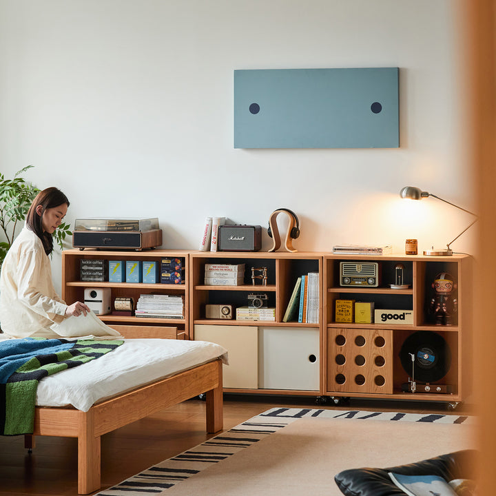 Scandinavian-cherry-wood-modular-cabinet-time in panoramic view.