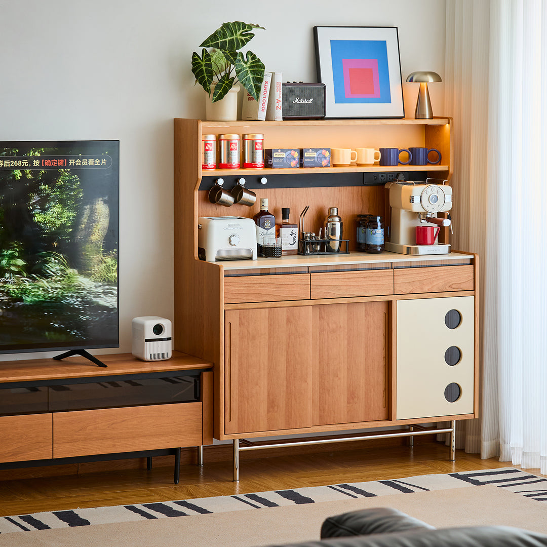 Scandinavian sintered stone storage side cabinet time in still life.