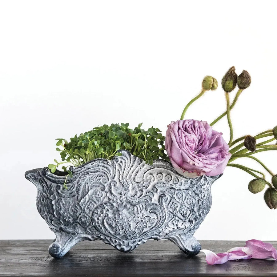 11-3/4"l x 6"w x 6"h vintage reproduction cast iron cachepot, distressed grey, t decor primary product view.