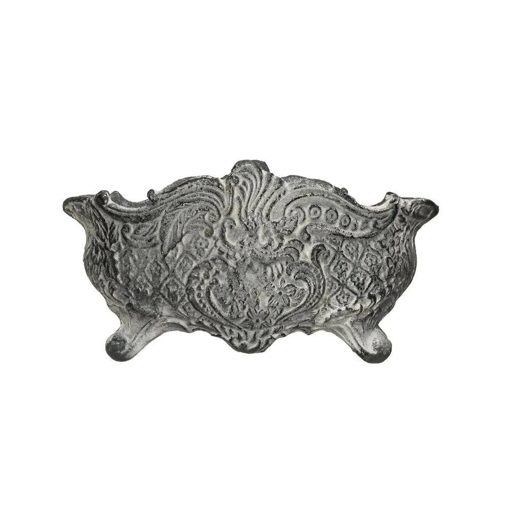 11-3/4"l x 6"w x 6"h vintage reproduction cast iron cachepot, distressed grey, t decor in white background.