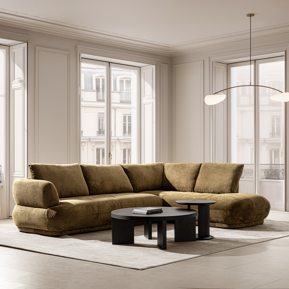 Cream cotton fabric modular chaise 2 seater sofa mossy primary product view.