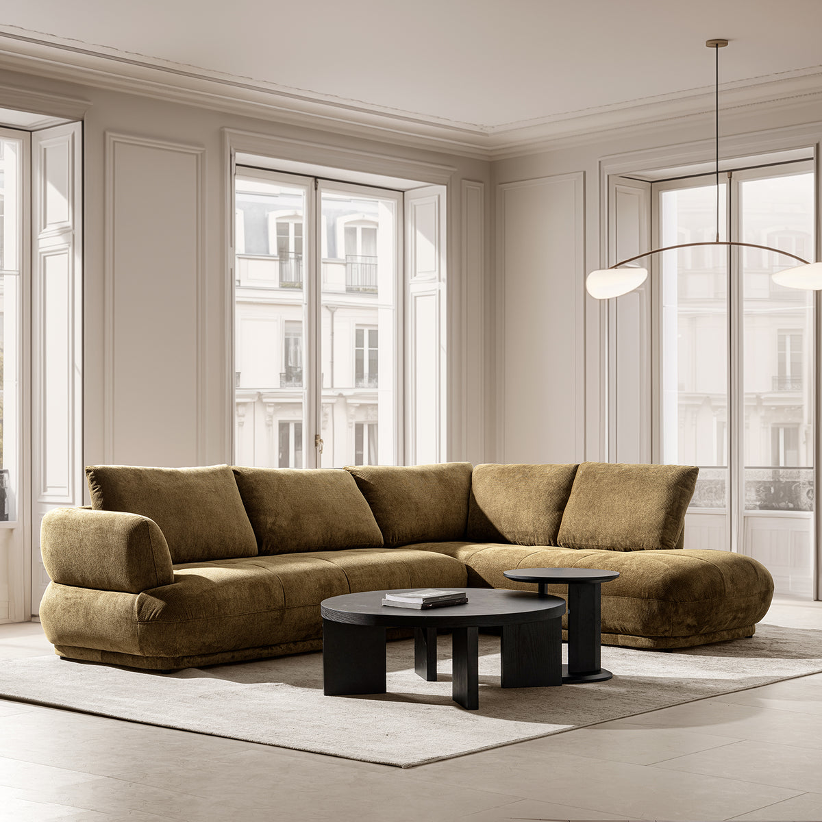Cream cotton fabric modular l shape sectional sofa 3+l mossy primary product view.