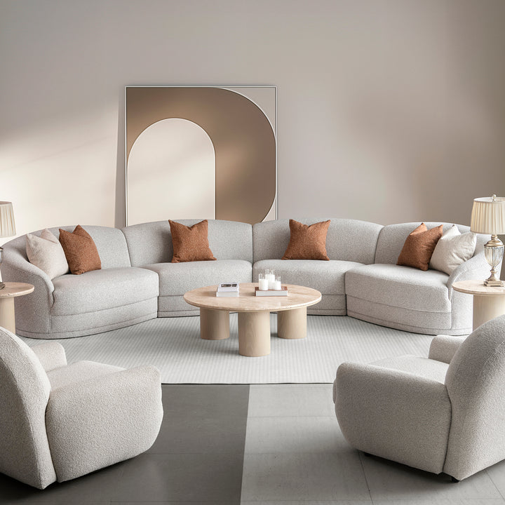 Modern boucle fabric modular sectional 6 seater sofa curva primary product view.