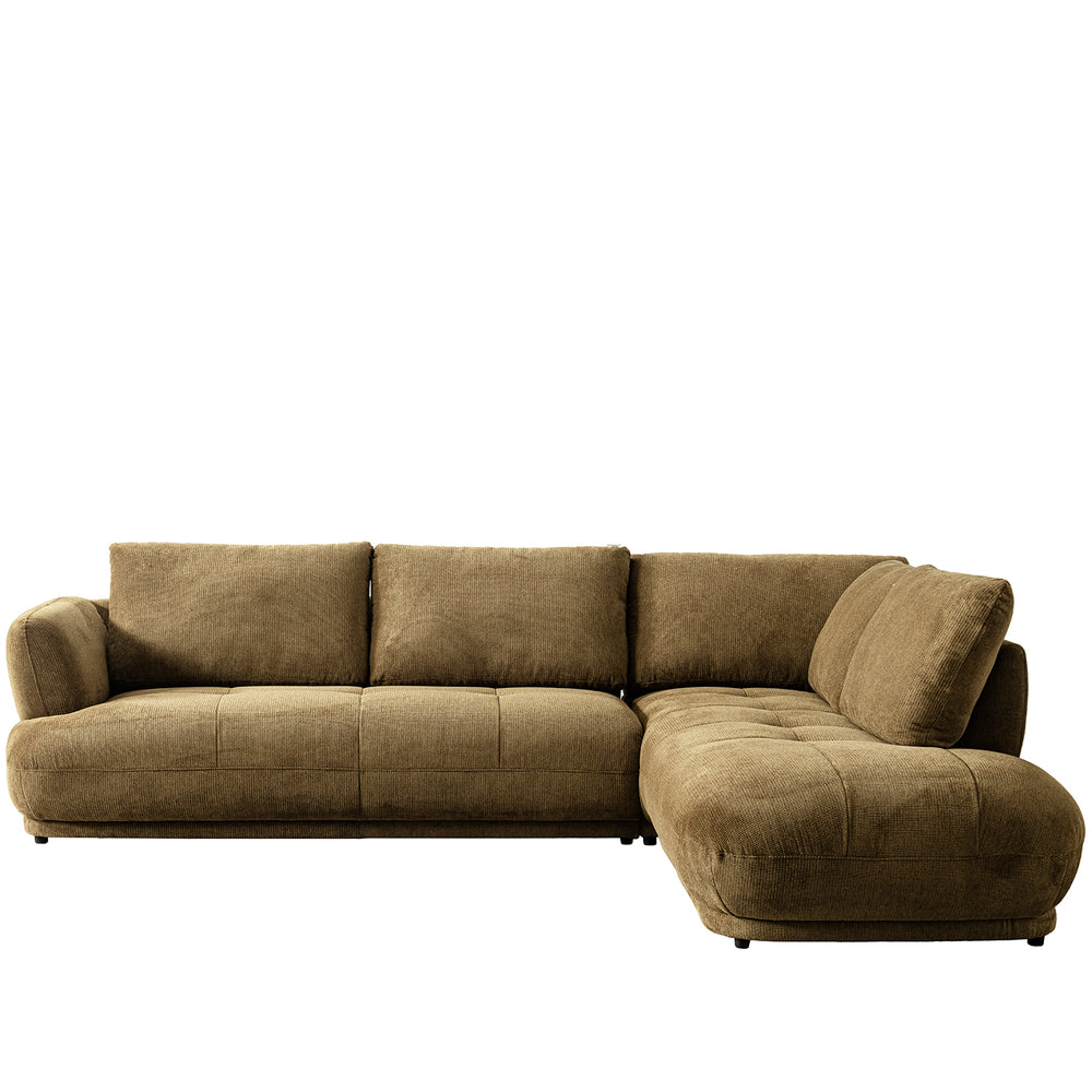 Cream cotton fabric modular l shape sectional sofa 3+l mossy in white background.