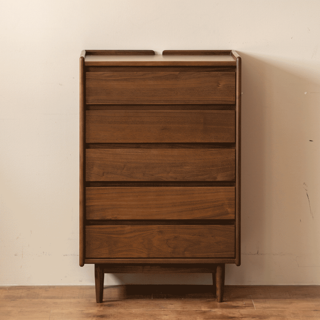 Vintage walnut wood chest of drawers vista color swatches.