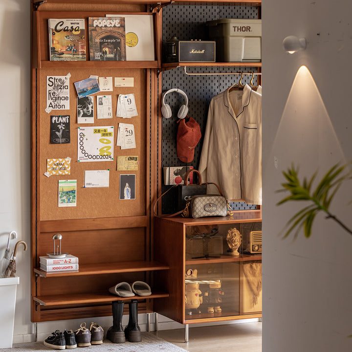 Vintage boxwood modular hanging wall shelf system muse entryway in still life.
