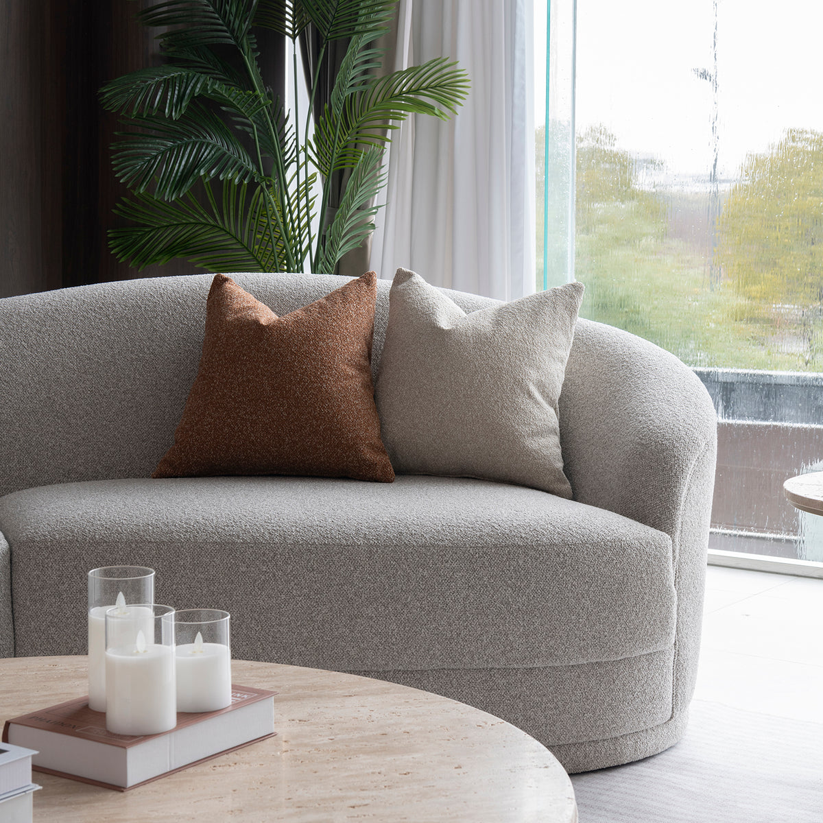 Modern boucle fabric modular corner 1 seater sofa curva color swatches.
