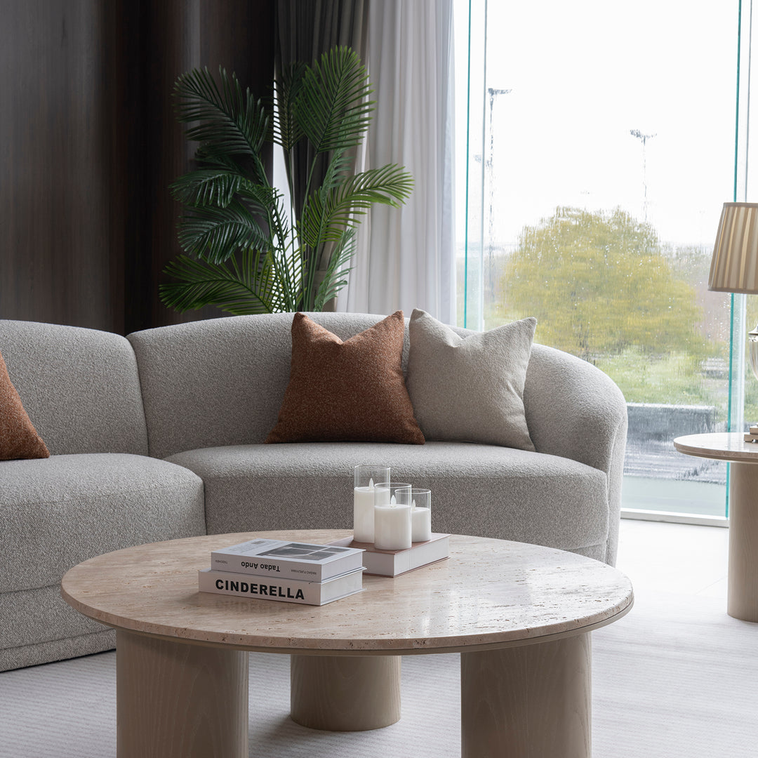 Modern boucle fabric modular corner 1 seater sofa curva material variants.