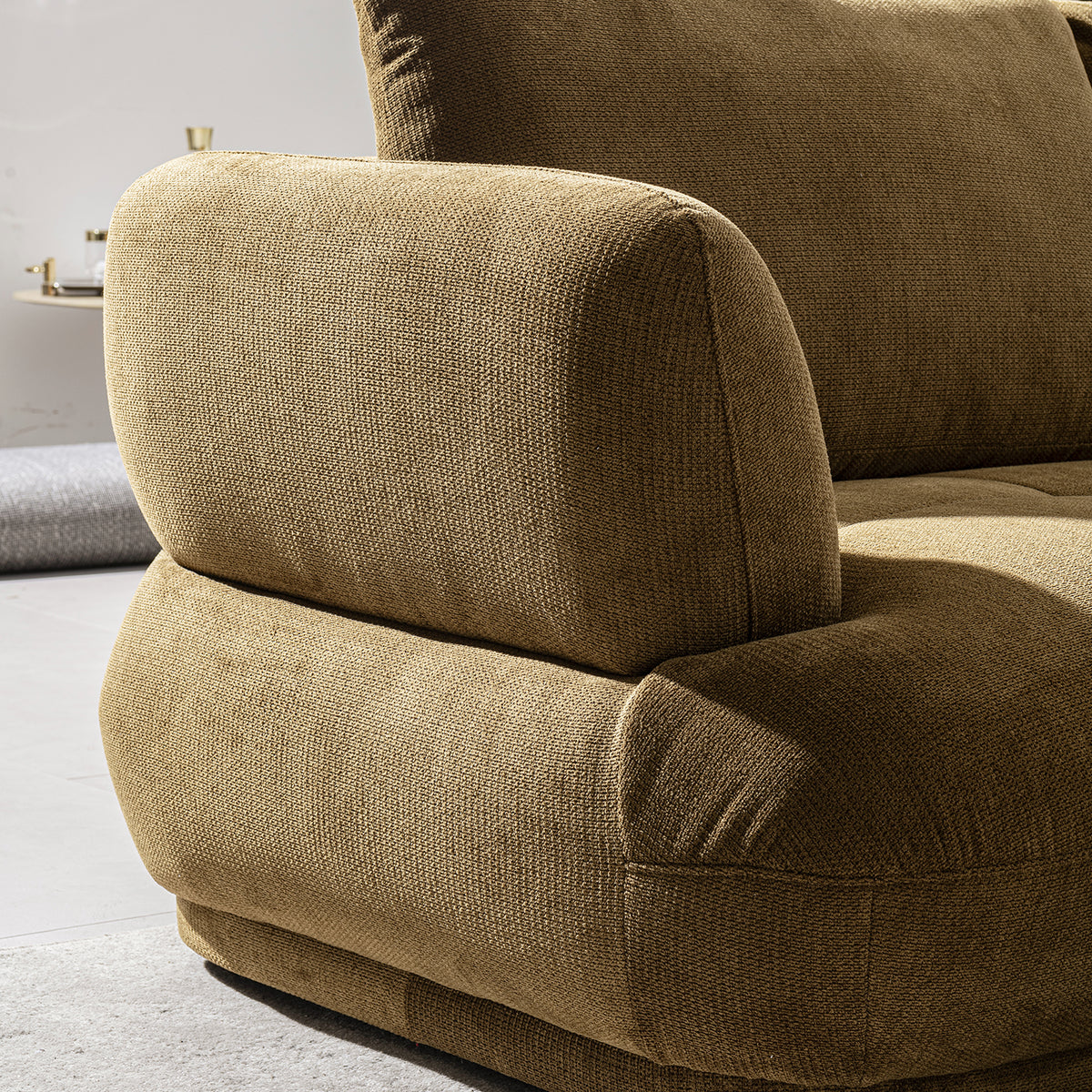 Cream cotton fabric modular corner 2 seater sofa mossy material variants.