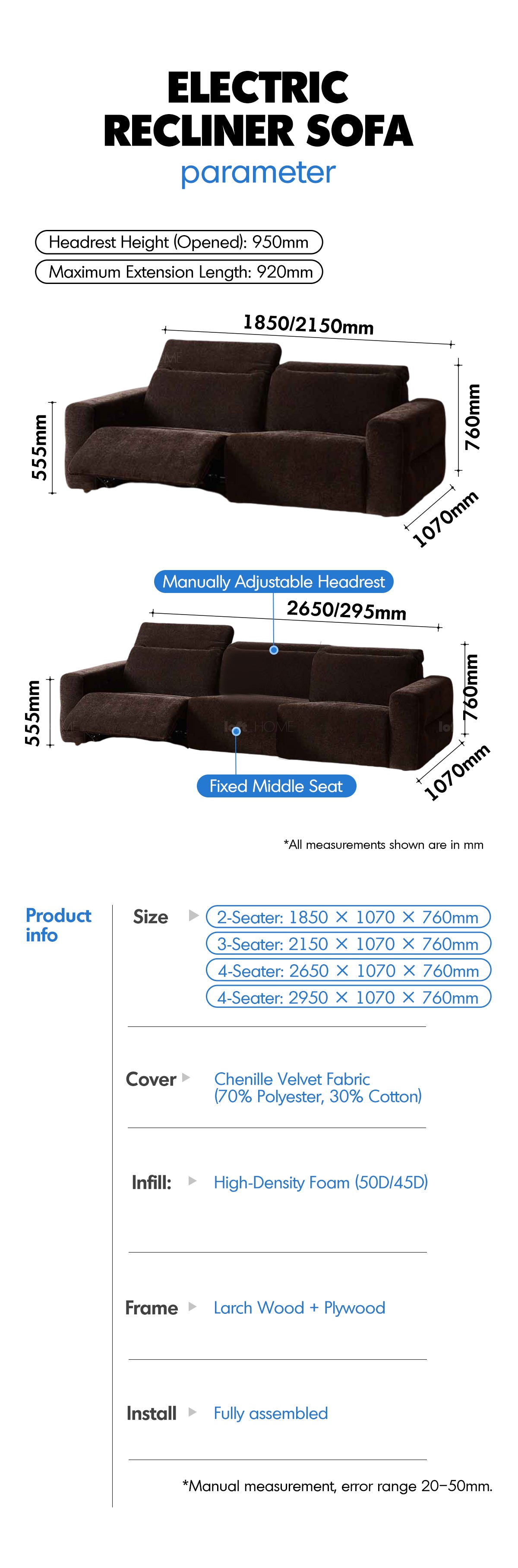 Cream Chenille Velvet Fabric Electric Recliner 2 Seater Sofa LOLO Good to Know - 11