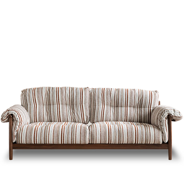 Scandinavian chenille velvet fabric walnut wood 3 seater sofa sofa open backed in still life.