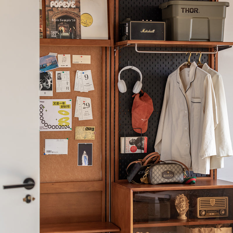 Bauhaus boxwood modular hanging wall shelf system muse entryway in panoramic view.