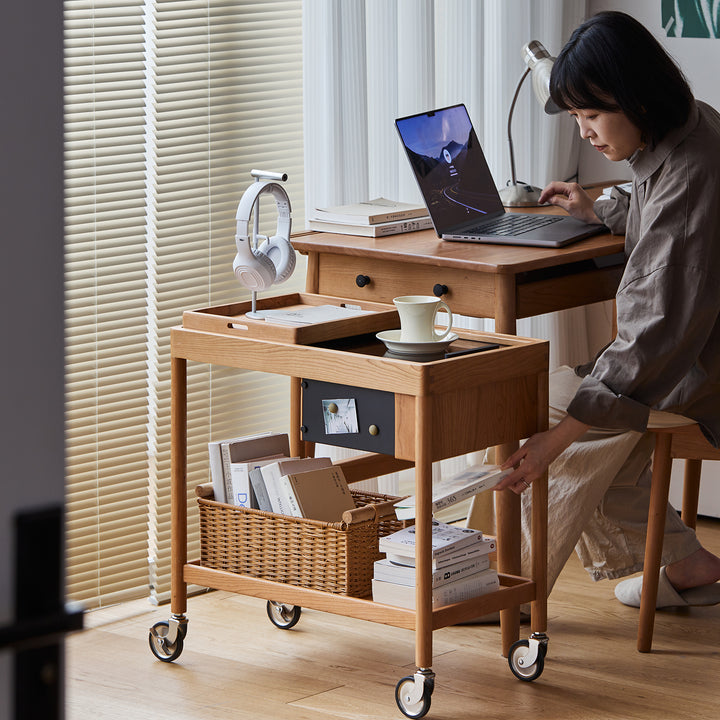 Scandinavian cherry wood wheeled trolley side table pocket environmental situation.