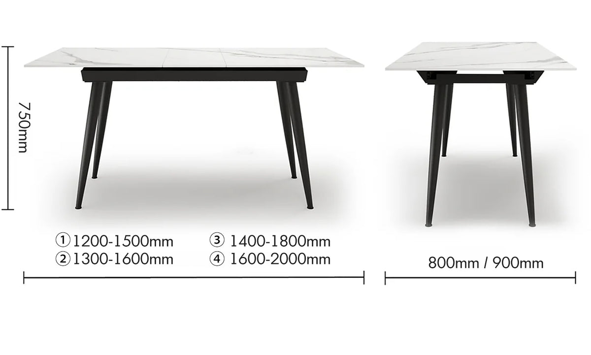 Modern Extendable Sintered Stone Dining Table NIEVE Size Chart
