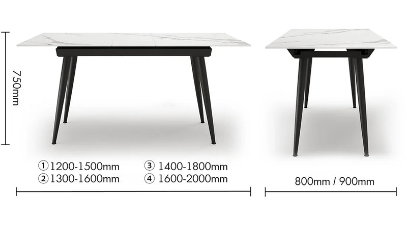 Modern Extendable Sintered Stone Dining Table NIEVE Size Chart