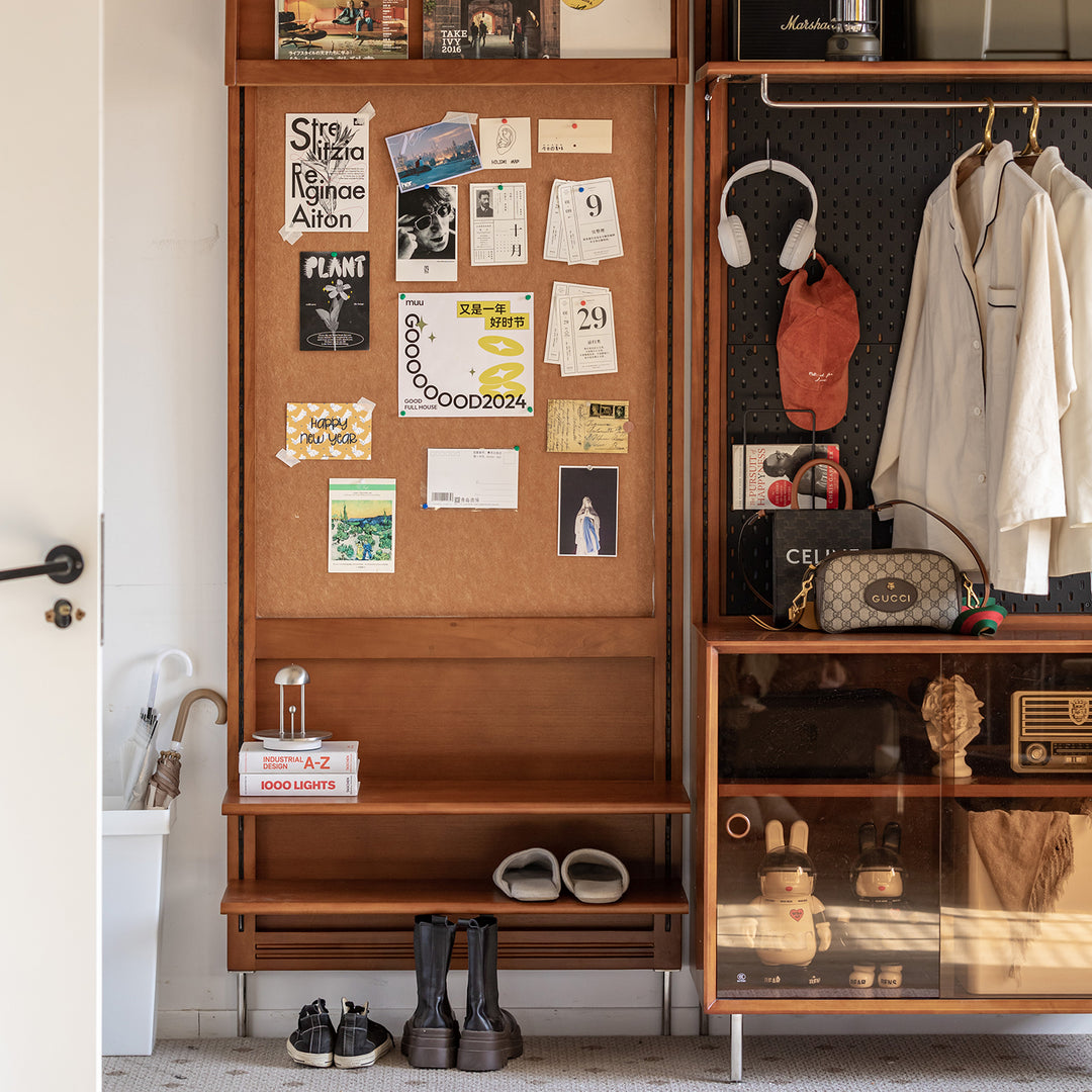 Vintage boxwood modular hanging wall shelf system muse entryway conceptual design.