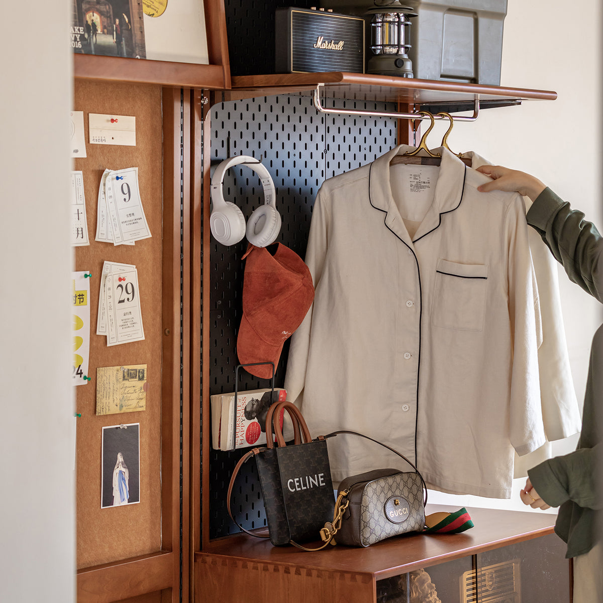Bauhaus boxwood modular hanging wall shelf system muse entryway with context.