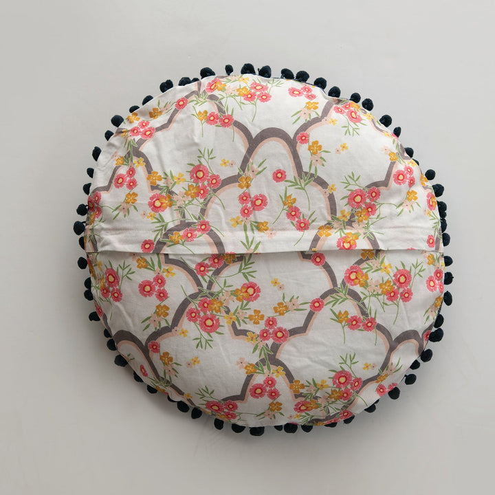 16" round cotton pillow w/ embroidery, printed back & pom pom trim, multi color size charts.